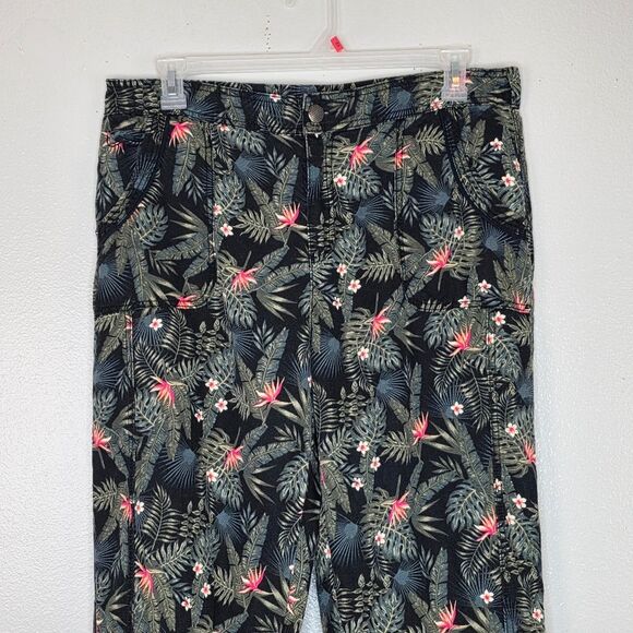 Intro Black & Green Tropical Floral Linen Cropped Flat Pocket Pants Size 14 - Picture 2 of 11